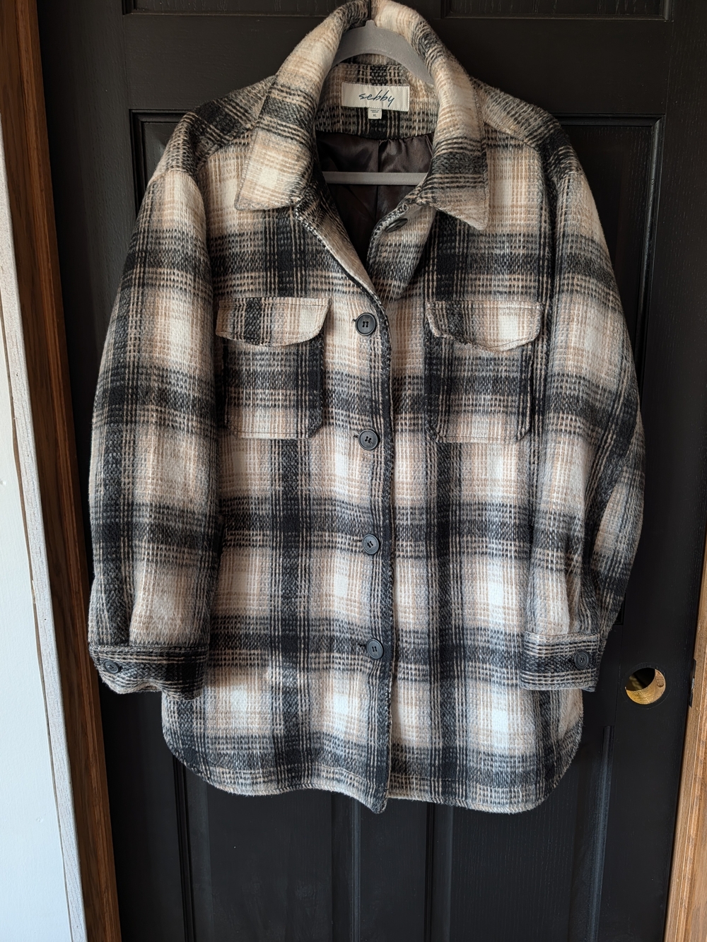 Sebby Black & Cream Plaid Button-Up Shacket